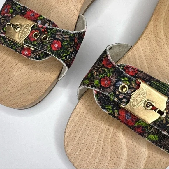 GANNI x Dr. Scholl's Red Floral Buckle Wooden Clog Slides Sandals Retro NEW - Picture 5 of 13